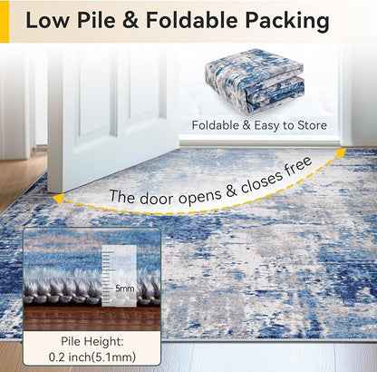 RELEANY Washable Area Rugs 5'x8' Non-Slip Modern Abstract Soft for Living Room Entryway Bedroom Kitchen, Print Pattern, Blue Grey Navy Gray