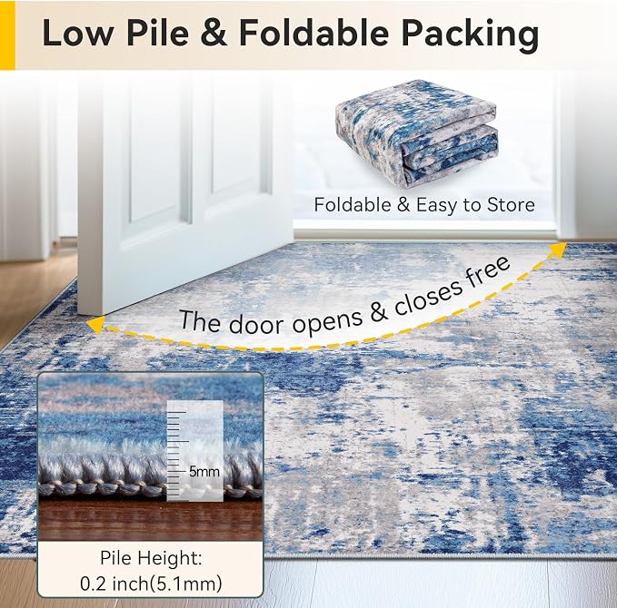 RELEANY Washable Area Rugs 7x10 Non-Slip Modern Abstract Soft for Living Room Entryway Bedroom Kitchen, Print Pattern, Blue Grey Navy Gray