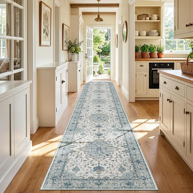 RELEANY Area Rugs Runner 3'x20' Washable Non-Slip, Floral Vintage Distress Medallion Carpet for Kitchen Hallway Bedroom Beside Laundry Room Bathroom, Light Blue Navy Gray White