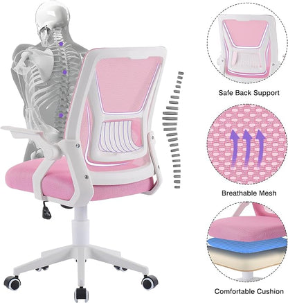 VECELO Mid-Back Swivel Ergonomic Office Chair with Adjustable Arms Mesh Lumbar Support for Computer Task Work, Pink