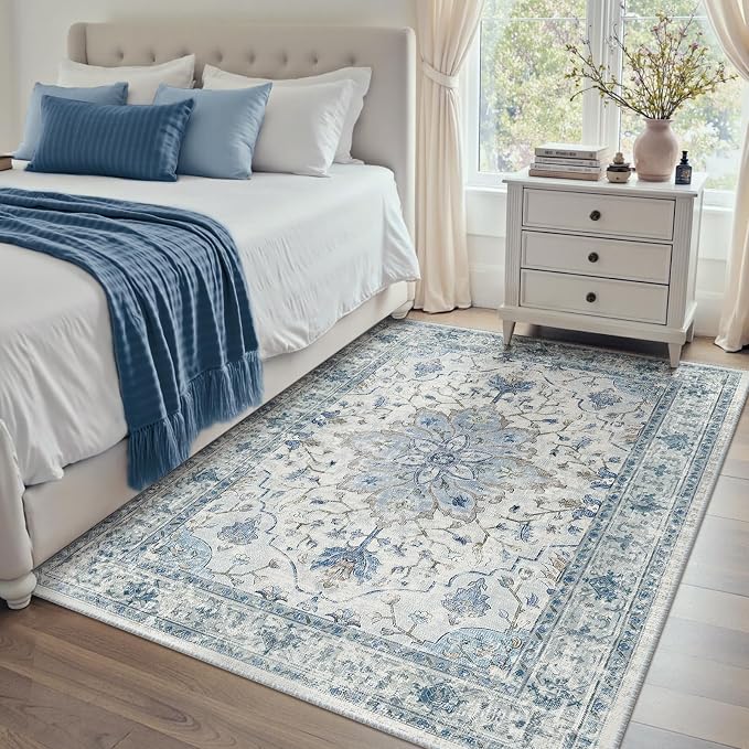 RELEANY Area Rugs 4'x5' Washable Non-Slip, Floral Vintage Distress Medallion Carpet for Living Room Bedroom Dining Room, Light Blue Navy Gray White