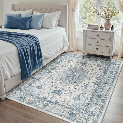 RELEANY Area Rugs 4'x5' Washable Non-Slip, Floral Vintage Distress Medallion Carpet for Living Room Bedroom Dining Room, Light Blue Navy Gray White