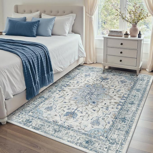 RELEANY Area Rugs 4'x5' Washable Non-Slip, Floral Vintage Distress Medallion Carpet for Living Room Bedroom Dining Room, Light Blue Navy Gray White