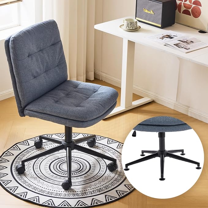 VINGLI Mid Back Armless Office Desk Chair with Wheels/no Wheels,360°Rocking Swivel Vanity Chair with Thickened Cushion,Adjustable Height Rolling for Reading Room, Make up, Linen Navy Blue