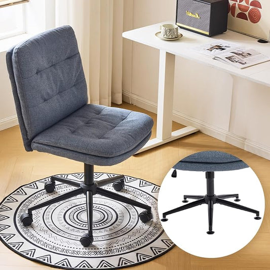 VINGLI Mid Back Armless Office Desk Chair with Wheels/no Wheels,360°Rocking Swivel Vanity Chair with Thickened Cushion,Adjustable Height Rolling for Reading Room, Make up, Linen Navy Blue