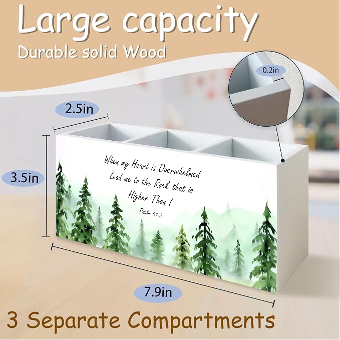 Inspirational Christian Woods Pen Holder for Desk, Christian Religious Gifts for Women Men, Psalm 61:2 Bible Verses Wooden Pen Pencil Holder Organizer for Home Office Desk Accessories