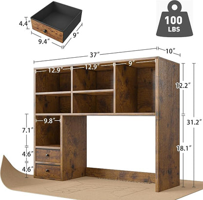 REIBII Desktop Bookshelf, High-Capacity Desk Hutch Organizer with 7 Shelves and 2 Drawers, Adjustable Bookshelf Storage, Desk Shelf for Top of Desk, Desk Hutch Dorm, Rustic Brown