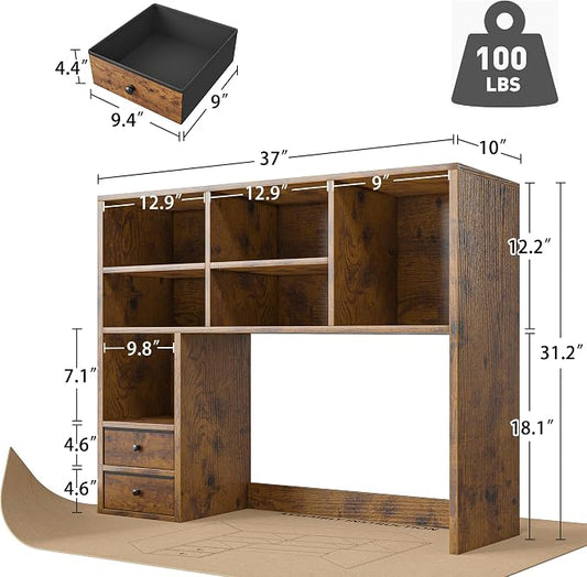 REIBII Desktop Bookshelf, High-Capacity Desk Hutch Organizer with 7 Shelves and 2 Drawers, Adjustable Bookshelf Storage, Desk Shelf for Top of Desk, Desk Hutch Dorm, Rustic Brown