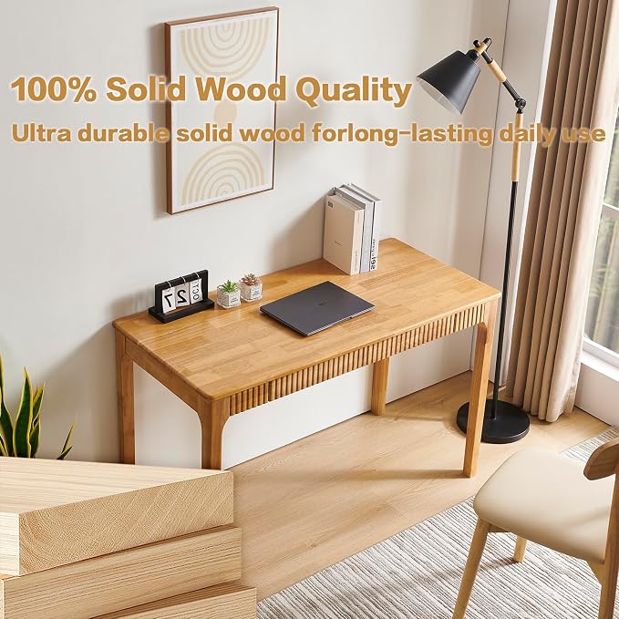 Solid Wood Desk with Drawers, Light Wood Desk for Small Spaces, Small Writing Desk for Bedroom, Gaming Study Home Office Wooden Desks for Work, 39 inch Wood Computer Desk