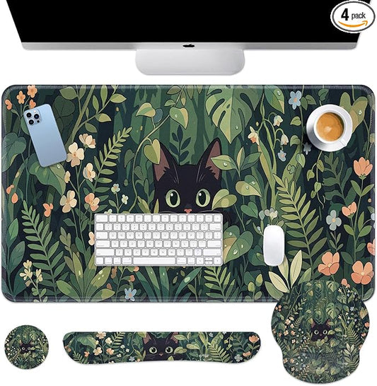 Britimes Green Plants Keyboard Mouse Pad Set Cute Black Cat 4in1 Large Mousepad+Keyboard Wrist Rest+Mouse Wrist Rest+Coaster Ergonomic Design for Home Office Computer 35.4x15.7 inches