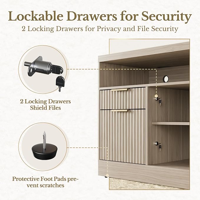 2 Drawer Fluted File Cabinet, 32'' Lateral File Cabinet with Lock and AC/USB for Letter/A4 Size, Wood Filing Cabinet with Storage Shelves for Home Office, Natural Walnut