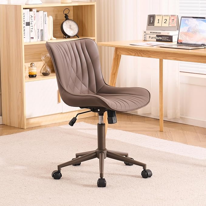 YOUTASTE Armless Office Desk Chair with Wheels, Adjustable Swivel Vanity Chair, PU Leather Upholstered, Ergonomic Back Support, Modern All Brown Computer Chair for Home Office, Bedroom, Study