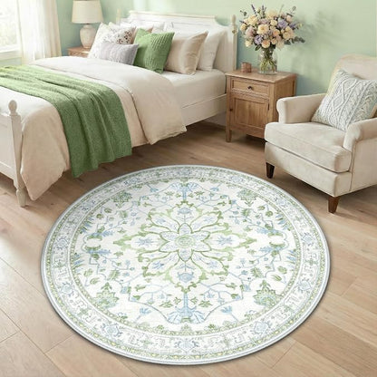 RELEANY Area Rugs Round 4ft Washable Non-Slip, Floral Vintage Distress Medallion Carpet for Living Room Bedroom Dining Room, Green White Blue