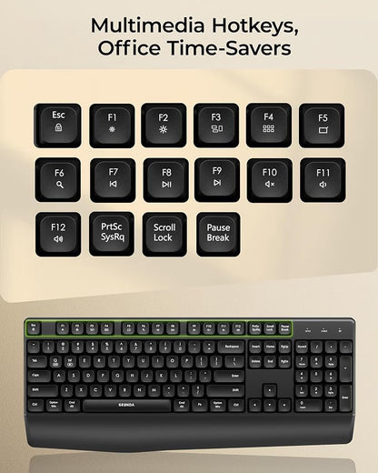 seenda Wireless Bluetooth Keyboard Mouse Combo, COE200 Ergonomic Keyboard with Wrist Rest, Silent Mouse, Multi-Device Connection, Full-Size Compatible for Windows PC Laptop Mac MacBook, Black