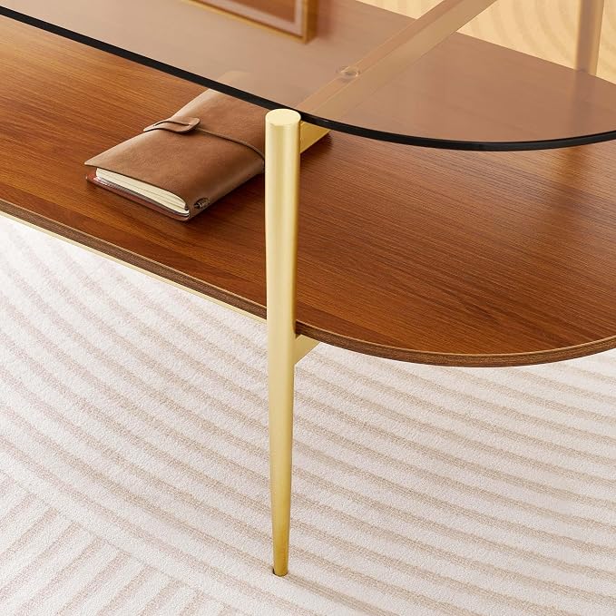 LumFurn Oval Glass Coffee Table, Mid-Century Modern Design, L41 x W21 x H17 inch, for Living Room, 2-Tier Structure, Amber Glass Top and Walnut Finish Wood Shelf, Conical Legs with Gold Finish Frame