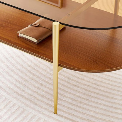 LumFurn Oval Glass Coffee Table, Mid-Century Modern Design, L41 x W21 x H17 inch, for Living Room, 2-Tier Structure, Amber Glass Top and Walnut Finish Wood Shelf, Conical Legs with Gold Finish Frame