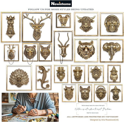 Newinhome Animal Heads Wall Decor (Includes Metal Frame) Resin Animals Sculptures Head Wall Hanging Decoration Gold vintage Wall Sculpture for Living Room Bedroom Office(Deer)