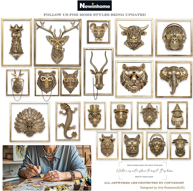 Newinhome Animal Heads Wall Decor (5pcs, Includes Metal Frame) Resin Animals Sculptures Head Wall Hanging Decoration Gold vintage Wall Sculpture for Living Room Bedroom Office