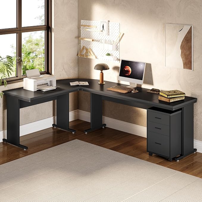 LITTLE TREE 82.67" Long Executive Desk Large L-Shaped Computer Office Desk with 3-Drawer Mobile File Cabinet, Industrial Business Furniture Desk Workstation for Home Office, Black