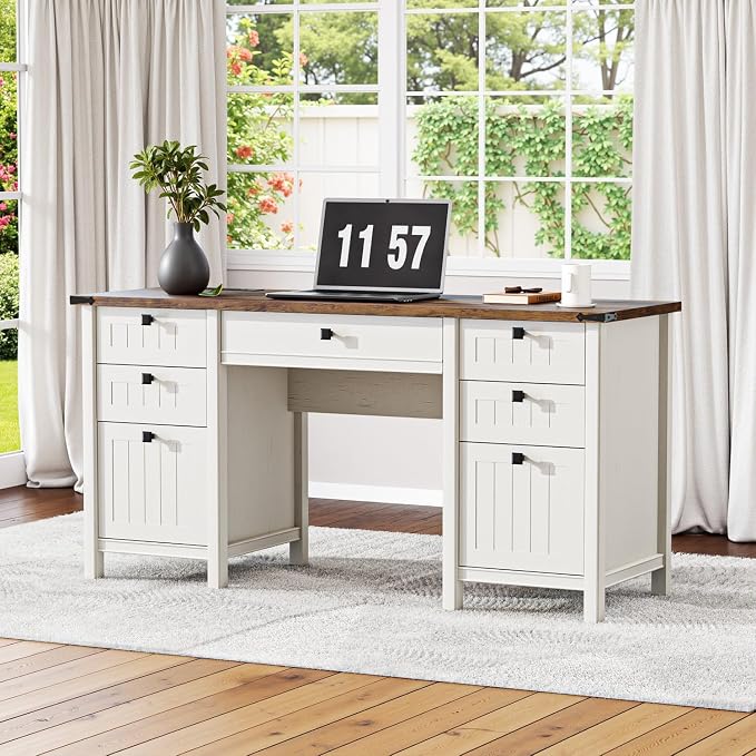 62 Inch Antique White Farmhouse Computer Desk | Center Drawer, 4 Storage Drawers (1 File Drawer) & Side Cabinet, Built-in USB Power Ports for Home Office & Bedroom Workspace