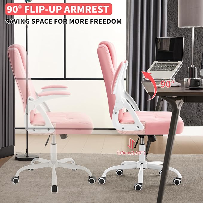 Executive Office Chair, Ergonomic PU Leather Computer Chairs, Executive Breathable Desk Chair with Padded Flip-Up Arms, 360° Swivel Rolling Chair Comfy Padded for Working Studying Gaming (Pink)