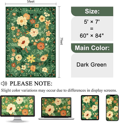 DUKINO 5x7 Area Rug, Floral Rugs for Living Room, Lightweight Non Slip Washable Rug, Indoor Low Pile & Non-Shedding Boho Design Rugs for Bedroom, Playroom, Dining Room, Dark Green