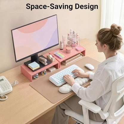 BONTEC Monitor Stand Riser with Cellphone Holder & Cable Management, 16.7 Inch Wood Monitor Riser Stand, Desktop Stand for PC/TV/Laptop/Printer, Pink