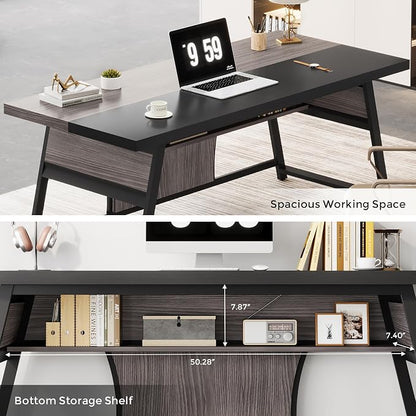63-inch Executive Desk with Storage Shelf, Large Home Office Desk with Metal Frame & LED Light, Long Computer Desks for Home Office, Gray and Black