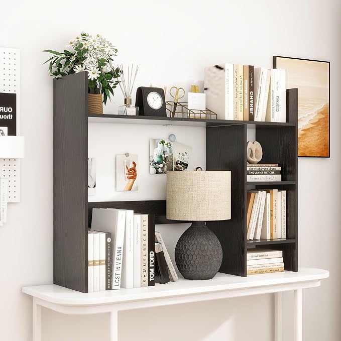 FTZxHKLX Desktop Bookshelf, Wood Desk Organizer Hutch with 3 Shelves for Computer Desk, 37.4'' Multipurpose Display Rack with Storage for College Dorm Office Home, Black