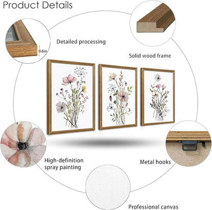 WRFON Framed Botanical Canvas Wall Art Set of 3, Watercolor Floral Prints, Framed Flower Wall Decor for Bedroom Bathroom Living Room, 12x16 Inch Each