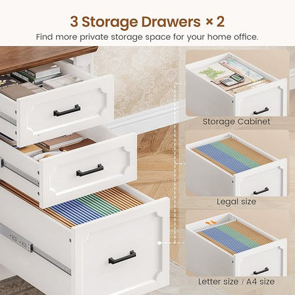 SEDETA Farmhouse 110.3" Two Person Desk with 7 Drawers, Long Computer Desk with Storage Cabinet, 2 Person Desk with Power Outlets for Home Office, White+Brown