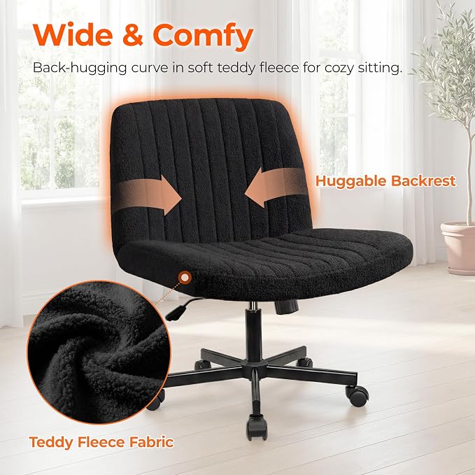 Orange Factory Criss Cross Chair Wheels Vanity Chair Office Desk Comfy Wide Cross Legged Armless Teddy Fabric Adjustable Swivel for Home Computer Task (Black, Teddy Fleece)