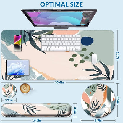 Desk Mat Set + Keyboard and Mouse Pad with Wrist Rest Support,4-in-1 Large Mousepad Computer Mats for Desktop Home & Office-Leaves 2