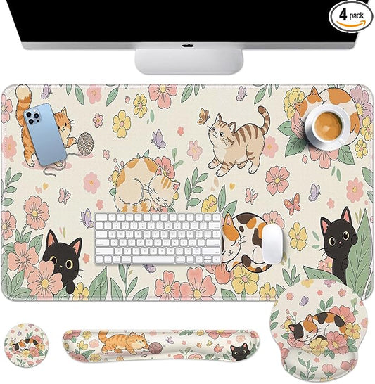 Britimes Cute Floral Cat Keyboard Mouse Pad Set Butterfly Cottagecore 4in1 Large Mousepad+Keyboard Wrist Rest+Mouse Wrist Rest+Coaster Ergonomic Design for Home Office Computer 35.4x15.7 inches