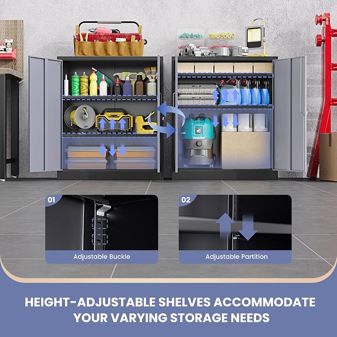 Metal Tool Storage Cabinet with Doors and Adjustable Shelves,Lockable Steel Cabinet for Garage,Home,Office and School Assembly Required(Grey)