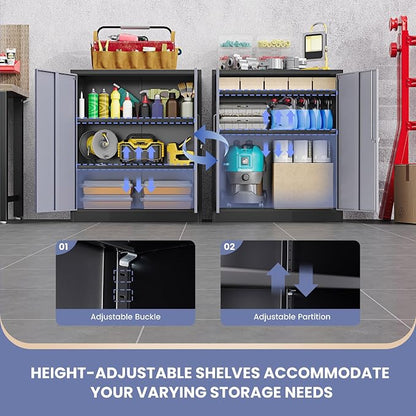Metal Tool Storage Cabinet with Doors and Adjustable Shelves,Lockable Steel Cabinet for Garage,Home,Office and School Assembly Required(Grey)