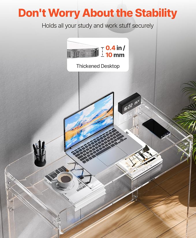 VEVOR Acrylic Desk, Clear Laptop Study Desk with Storage Shelf, Modern Transparent Console Table for Home Office, Living Room, Bedroom, Entryway, 33.5" W x 15.7" D x 29.5" H