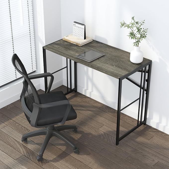 Lutown-Teen 40 inch Folding Desk, Writing Gaming Computer Camping Desk, No Assembly Required Home Office Table, Black Oak