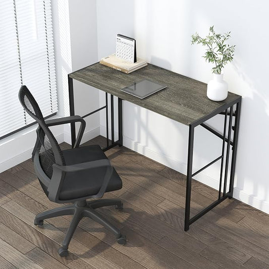 Lutown-Teen 35 inch Narrow Folding Desk, Writing Gaming Computer Camping Desk for Small Spaces, No Assembly Required Home Office Table, Black Oak