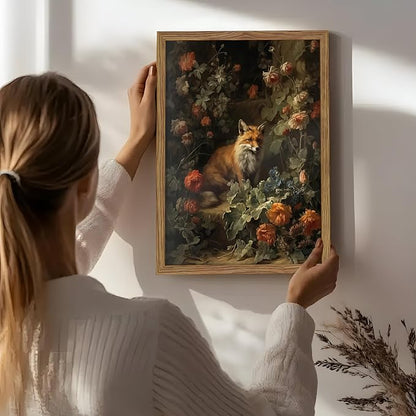 Vintage Fox Canvas Wall Art, Dark Academia Floral Decor, Nature Botanical Animal Painting, Farmhouse Fox Picture Print, Aesthetic Wall Decor for Living Room Bedroom 16x24 inch Wood Framed