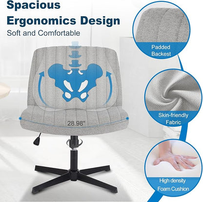 DUMOS Criss Cross Chair No Wheel Legged Office Wide Comfy Desk Vanity Chair, Armless Computer Task Seating PU Leather, Swivel Home Height Adjustable for Bedroom, Study, Grey No Wheel