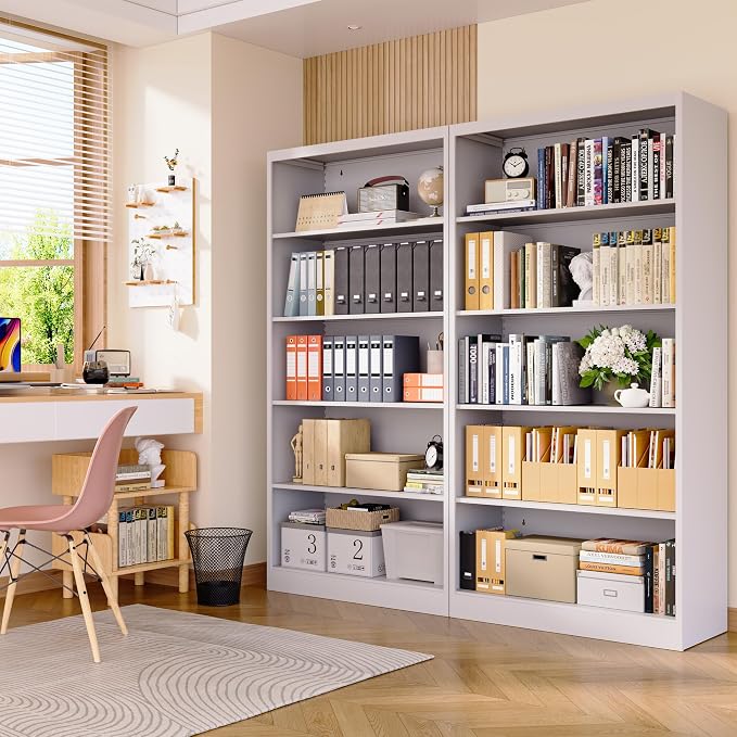 OSEILLC Bookcase,5 Tier Bookshelf,55" Tall Free Standing Metal Bookcase with Adjustable Storage Shelves,Wide Bookshelf for Bedroom Living Room Home Office School (White)