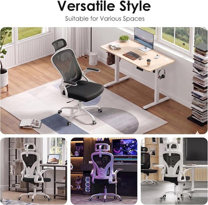 Farini Ergonomic Office Chair, Home Office Desk Chair with Headrest, High Back Swivel Computer Chair with Armrests and Adjustable Lumbar Support for Home Office Study Room, White & Black