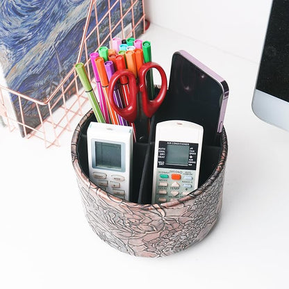 Round Leather Art Supply Organizer,Remote Control Holder,360 Degree Spinning,Multi-Functional Pencil Holder,4 Compartments Desktop Stationary Organizer(1-Rich Flower Gold)