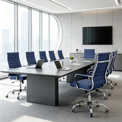 Home Office Chair Ribbed,Modern Leather Conference Room Chairs,Ergonomic Office Desk Chair, High Back Executive Computer Chair, Adjustable Swivel Chair with Arms (Blue)