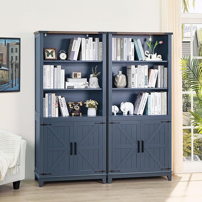 Joaxswe 70in Tall Bookshelf 5 Tier Bookcase with Barn Doors and Adjustable Shelves, Blue Farmhouse Book Shelf with Storage Cabinet, Wood Freestanding Display Bookshelves for Bedroom, Living Room | Bookcase