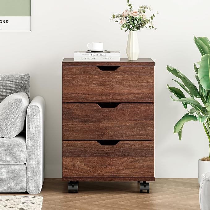 Farini 3-Drawer Under Desk Wooden File Storage Cabinet with Lockable Caster for Home Office,Brown,Fully Assembly