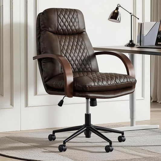 KISLOT Home Office Desk Chair, Ergonomic Office Chair with Lumbar Support, Adjustable Swivel Computer Chair with Wheels, Faux Leather Executive Task Chair with Wood Arms, Espresso