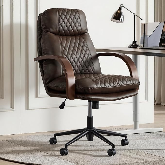 KISLOT Home Office Desk Chair, Ergonomic Office Chair with Lumbar Support, Adjustable Swivel Computer Chair with Wheels, Faux Leather Executive Task Chair with Wood Arms, Set of 2, Espresso
