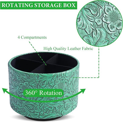 lizimandu Round Leather Art Supply Organizer,Remote Control Holder,360 Degree Spinning,Multi-Functional Pencil Holder,4 Compartments Desktop Stationary Organizer(1-Carved Green)